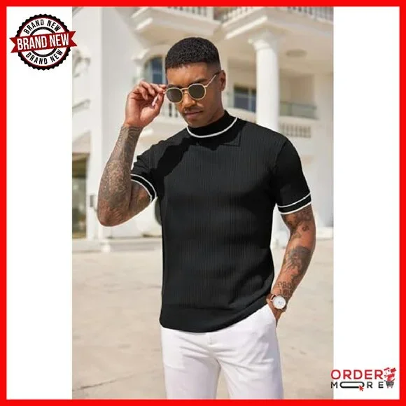 Men's Mock Turtleneck Sweater Short Sleeve Ribbed Knit Pullover